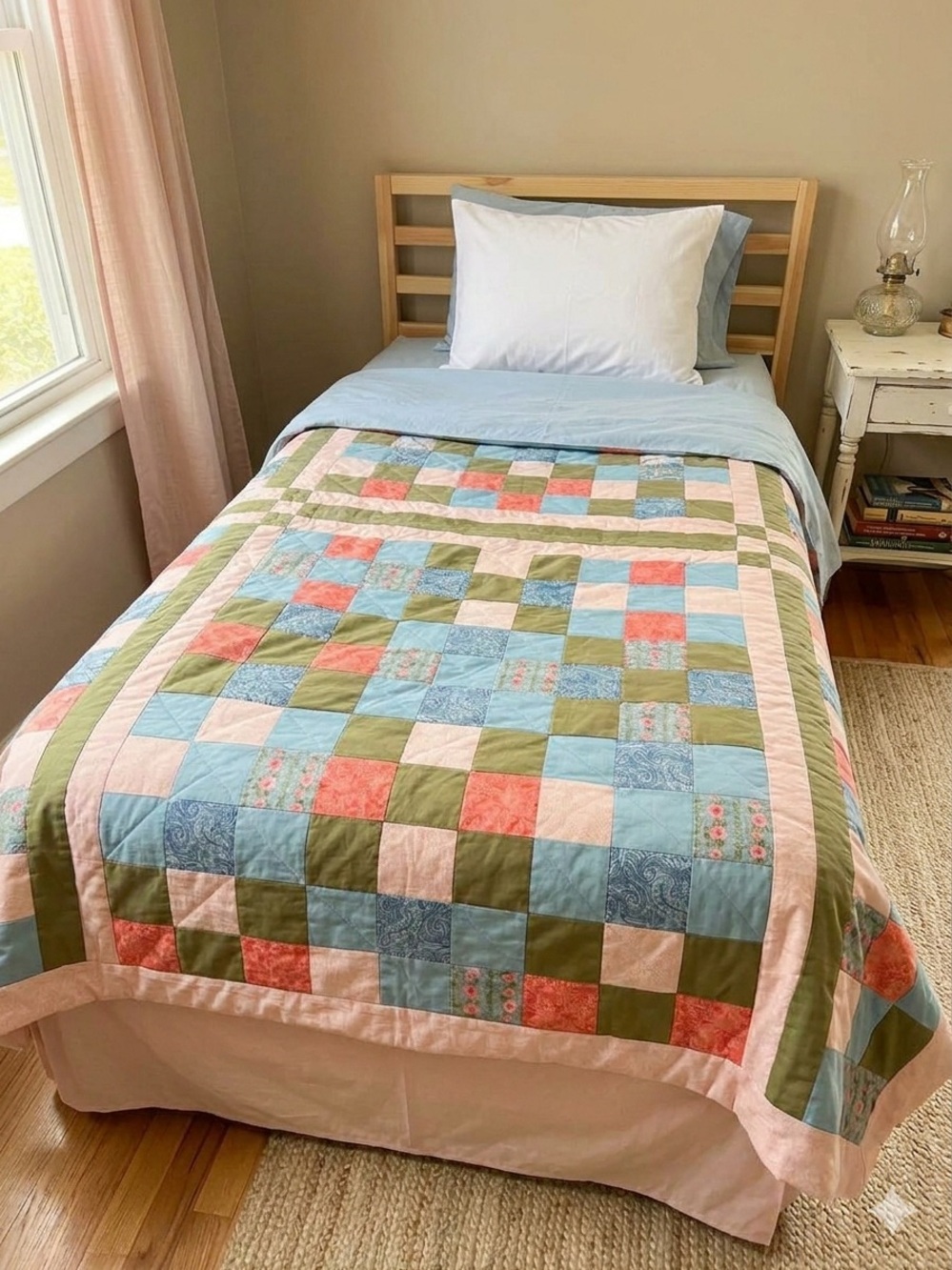 Patchwork Cotton Quilt in Blue, Green & Pink - Classic Bedspread